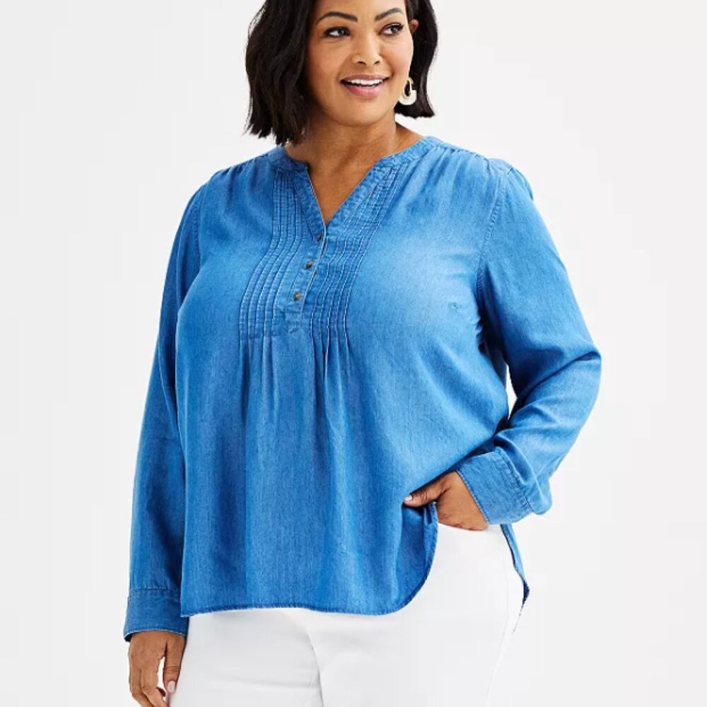 Blue Denim Button-Up Pintuck Shirt NWT